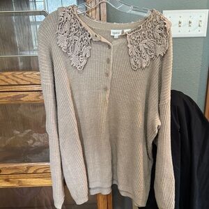 Together Tan Button Down Sweater with Lace Detail